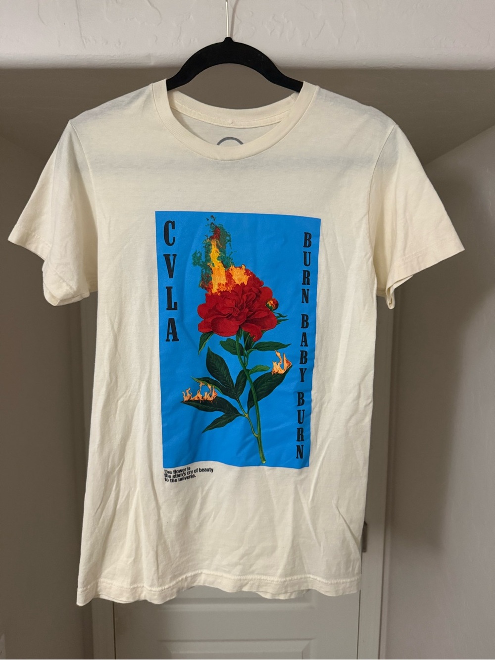 CVLA Cream Tee Burning Rose graphic and ‘Burn Baby Burn’ print